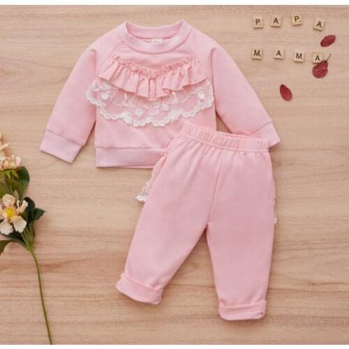 Little Girls Leisure Wear, Toddlers Sweet Style Lace Trim Splicing Round Collar Long Sleeve Tops + Long Pants Spring Autumn