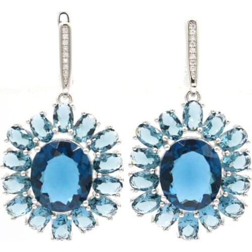 12x12mm Pretty Heart Created London Blue Topaz Paris Blue Topaz Bright Zircon For Women Daily Wear Silver Earrings