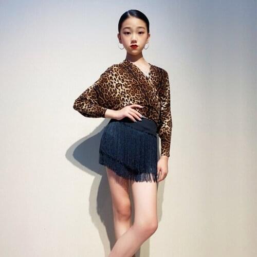 Leopard Latin Dance Shirt Court Sleeve Tassel Skirt Ballroom Competition Outfit Performance Clothing Practice Wear Suit YS1347