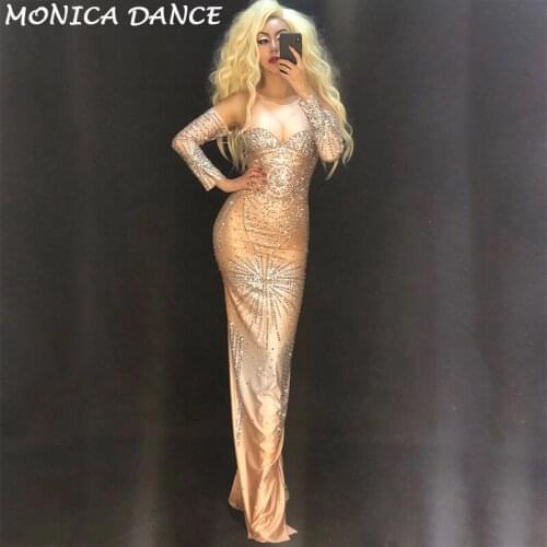 Sexy Stage Sparkly Rhinestone Long Dress Silver Glisten Crystals Costume Luxurious Outfit Evening Birthday Celebrate Dress Wear