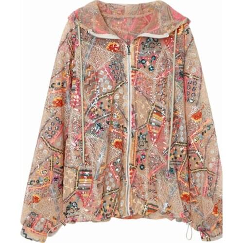 Sun-Proof Sequins Jacket Long Sleeve 2020 Women Plus Size Loose Casual Zipper Up Hooded Thin Designer Coat Colourful Clothing