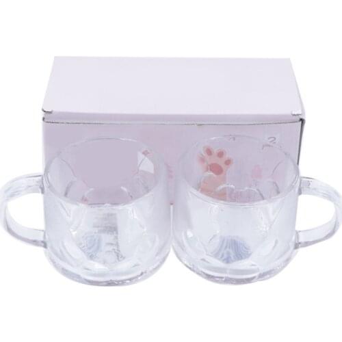 2Pc Glass Coffee Tea Cups Heat Resistant Cat Paw Coffee Mug Transparent Mug Water Drink Glass Latte Mug Milk Cup with Handle