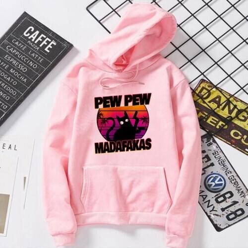 Pew Pew Madafakas Murderous Black Cat with Gun Funny Print Hoodie Harajuku Ullzang Streetwear Anime Sweatshirt Warm Hoody Female