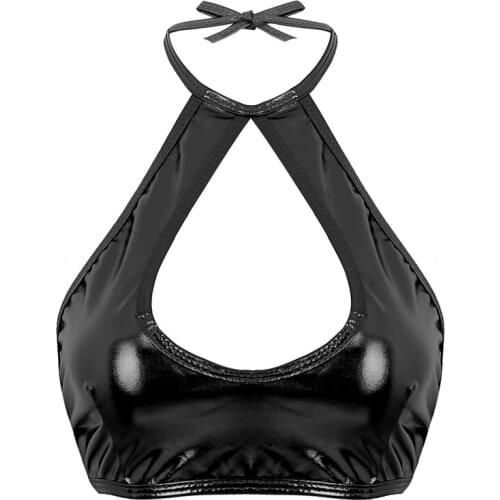 Half Cup Camisole Halter Neck Hot Porn Shiny Latex Sheath Crop Tops Vest Women Sexy Glossy Leather Tops Bodycon Erotic