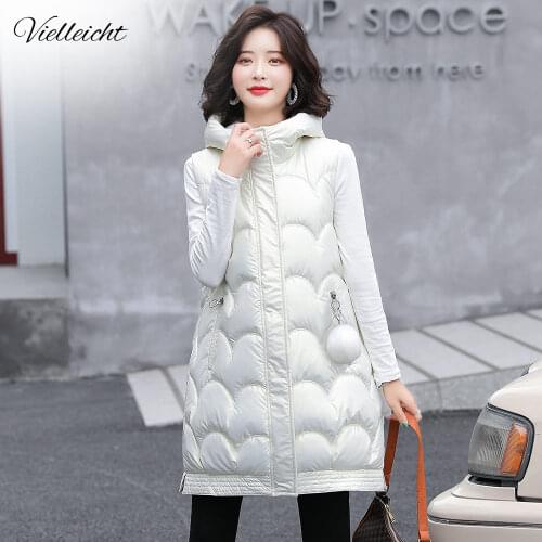 Vielleicht Solid Hooded Womens Winter Vest Long Style Thick Female Sleeveless Waistcoat Cotton Padded Vest Jacket With Pocket