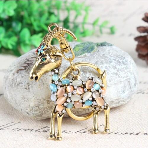 Vintage Goat Sheep Flower Cute Crystal Rhinestone Charm Pendant Purse Bag Car Key Ring Chain Creative Birthday Party Gift