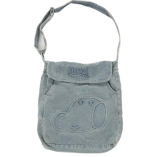 Denim Shouder Bag Ladies Large-capacity Fashion Cartoon Dog Embroidery Shoulder Bag 2021 Winter Preppy Style New Design Bags