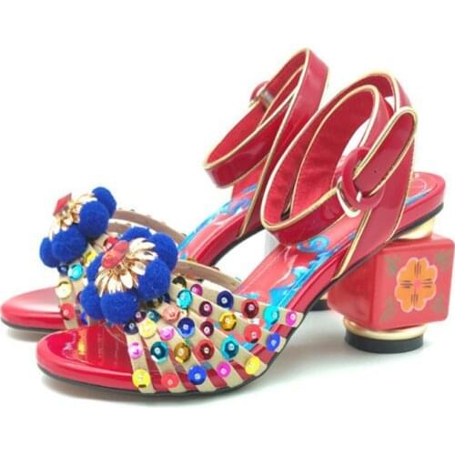 Flower Womens Sandals 2021 New Summer Wedding Shoes Sequins Rhinestone Thick heel Hollow out Genuine Leather Women Shoes Size43