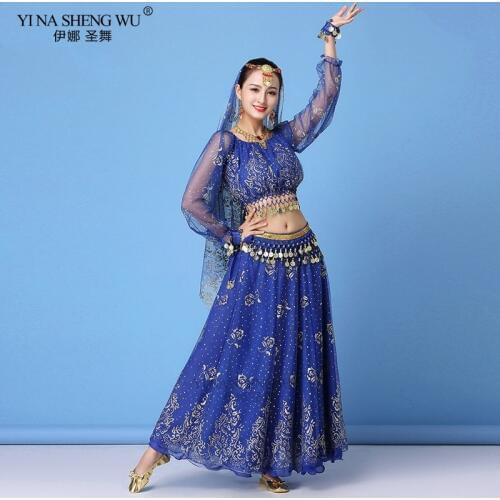 Bollywood Dress Costume Women Set Indian Dance Sari Belly Dance Outfit Performance Clothes Chiffon Long Sleeve Top+Belt+Skirt