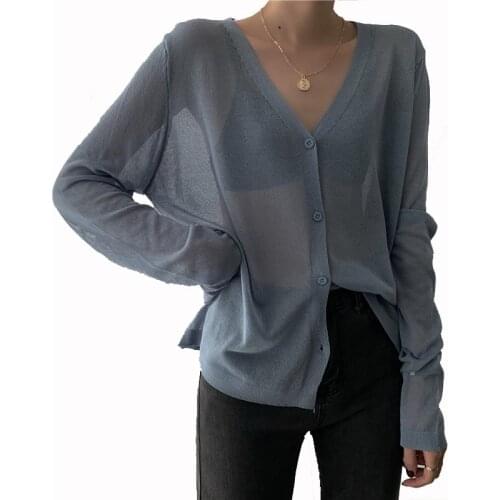 2021 New Tide Summer Haze Blue Sunscreen Clothes Cardigan Womens Long-Sleeved Thin Knitted Ice Silk Net Red Wild Student Jacket