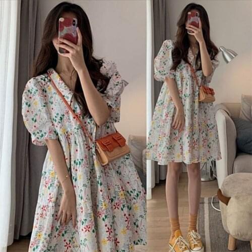 2021 new summer tea break French fairy doll collar floral dress loose belly cover puff sleeve dress summer
