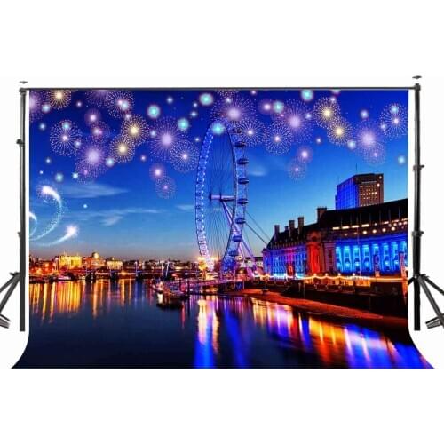 150x220cm Ferris Wheel Studio Backdrop Colorful Fireworks River Bright City Night Scene Room Mural Background Photography