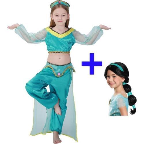 2019 New Girls Aladdin Jasmine Dress for Girls Cosplay Costume Sequined Kids Halloween Party Christmas Jasmine Belly Dance Dress