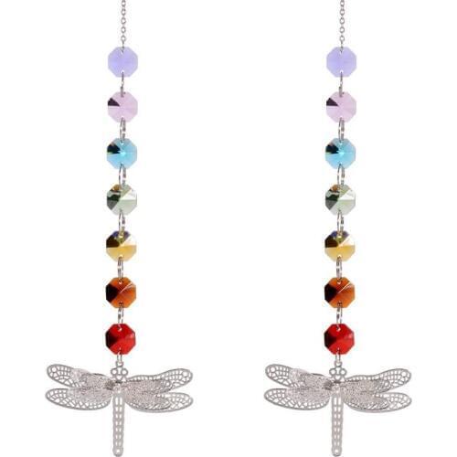 3D Metal Oragonfly Pendant Chakra Garden Sun Catchers Window Hanging Fengshui Rainbow Maker Chandelier Prism Best Gift