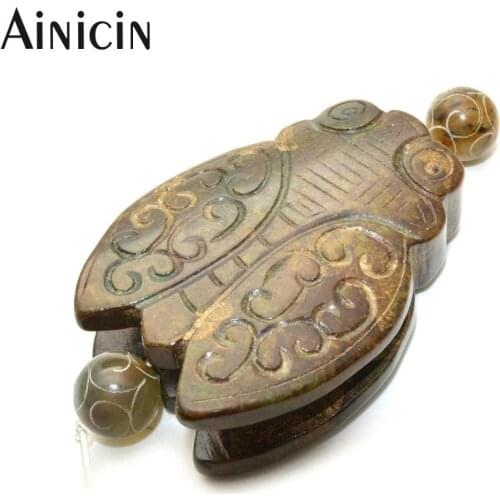 45x60mm Large Size Archaized Jade Cicada Shape Pendant Stone Carved Handgrip Pieces Double Ball Hanging Decorations 5pcs