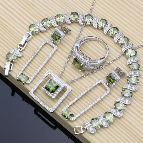 925 Silver Bridal Dubai Jewelry Sets Olive Green Cubic Zirconia For Women Earrings/Pendant/Necklace/Rings/Bracelet