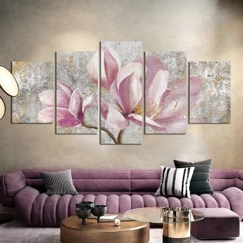 Abstract Pink Flowers With Golden Foil Painting 100% Hand Painted Oil Painting On Canvas 5pcs Set Modern Wall Art For Home Decor