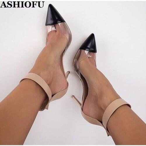 ASHIOFU Handmade Women High Heel Pumps D'orsay Style PVC Patchwork Party Prom Shoes Ankle Strap Evening Fashion Court Shoes