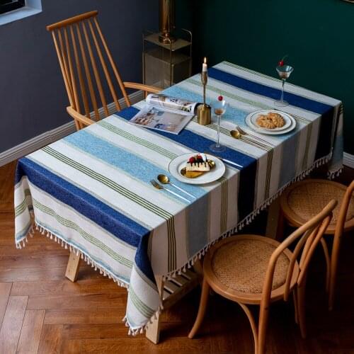 Home decor Cotton linen embroidery Color stripe macrame tassel rectangular Tablecloth kitchen dining Table colth Cover washable
