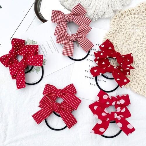 Cute Small Red Bow Butterfly Elastic Hair Band Dot Solid Striped Plaid Rubber Circle For Girl Ponytail Holder Hair Accessories