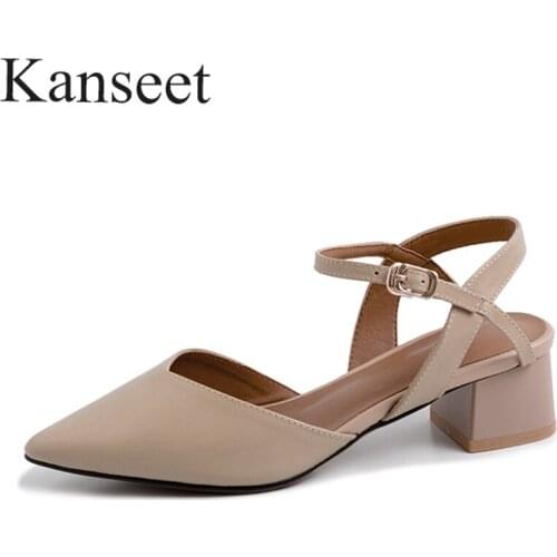 Kanseet Women Sandals Thick Heel Elegant Pointed Toe 2021 Summer Female Shoes Genuine Leather Dress Party Shoe Mid Heels Sandals