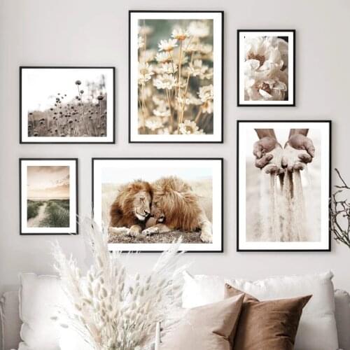 Lion Poster Flower Art Prints Plant Canvas Painting Holding Sand Posters Beige Landscape Print Nordic Wall Pictures Home Decor