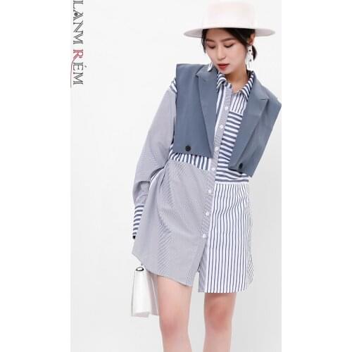 LANMREM Striped Long Shirts For Women Lapel Single Breasted Shirts With Gray Shawl Two Pieces 2021 Autumn Fashion Top WT03602L