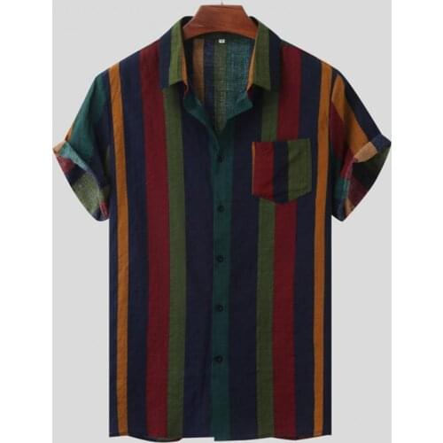 Summer Beach Shirt Stripe Buttons Pocket Shirt Turndown Collar Single-breasted Men Short Sleeve Lapel Hawaiian Shirt Beachwear
