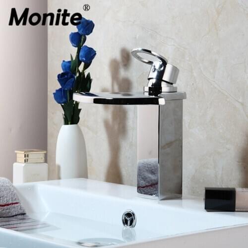 Monite Waterfall Solid Brass Water Chrome Brass Faucet Deck Mounted 1 Handle Mixer Hot Cold Bathroom Faucets Mixer Taps