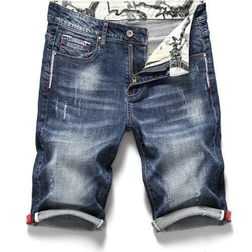 Summer new mens denim shorts fashion washed and worn paint micro-elastic slim five-point shorts