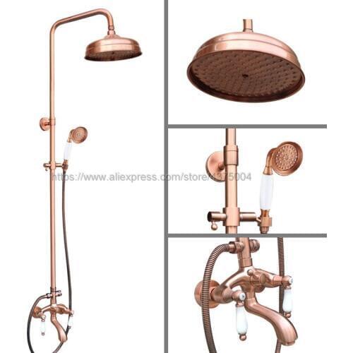 Wall Mounted 8" Shower Head Shower Rainfall Faucet Set with Handheld Antique Red Copper Shower Mixer Taps Nrg564