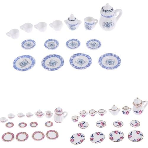 New 1:12 Miniature 15Pcs Porcelain Tea Cup Set Flower Tableware Kitchen Dollhouse Furniture Toys For Children