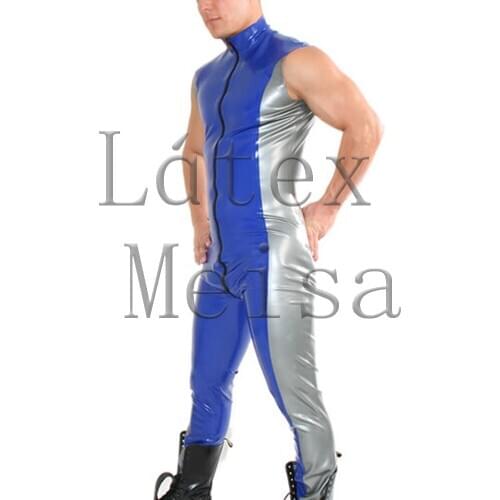 Novelty mens sleeveless latex catsuit blue bodysuit attached front zip to ass main in blue with silver trim color