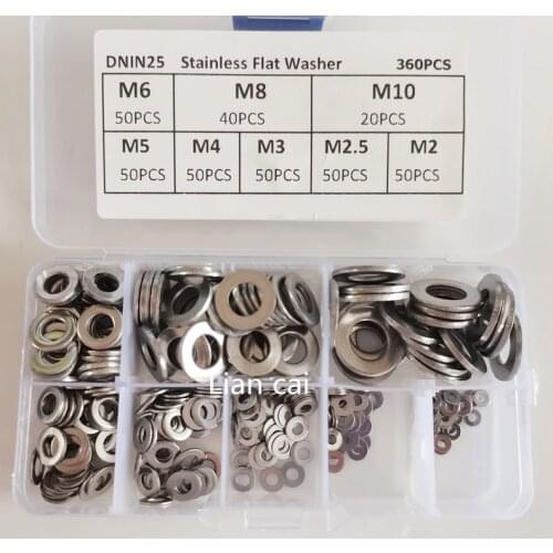 360pcs Stainless Steel Flat Washer Plain Gasket for M2 M2.5 M3 M4 M5 M6 M8 M10 Screw Bolt