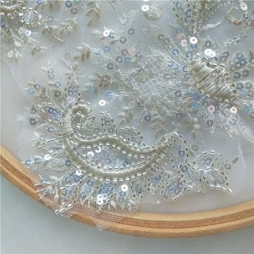 Luxury 40*21cm flower beaded lace appliques for wedding dresses Rhinestone lace applique patches Embroidery lace parches ropa