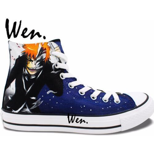 Wen Blue Hand Painted Anime Shoes Bleach Kurosaki Ichigo kenpachi Men Womens High Top Canvas Sneakers for Birthday Gifts