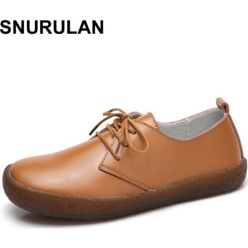 SNURULAN Autumn Soft Cow Genuine Leather Leisure Lace up British Flat Fashion Non Slip Lady Ankle Walking Women Outdoors Shoes