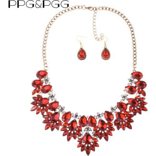 PPG&PGG Gorgeous Red Collar Crystal Statement Necklace for Women Elegant Luxury Big Choker Rhinestone Necklaces & Ear Jewelry
