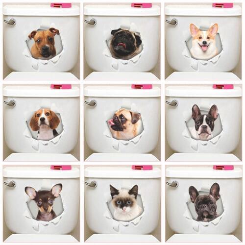 Funny Dog Cat 3d Hole Toilet Stickers For Washroom House Decoration Diy Ainimals Pvc Mural Art Cartoon Puppy Kitten Kids Decals