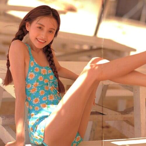 Women One Piece Swimsuit Floral Blue Swimwear Monokini Push Up Swim Suit Cross Strap Bathing Suit Pad Wireless Beachwear Skirted