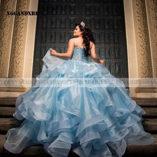 Beautiful Ball Gown Quinceanera Dress 2022 Organza Ruffles Crysta Long Sky Blue Sleeveless Sweet 15 16 Birthday Sweep Train