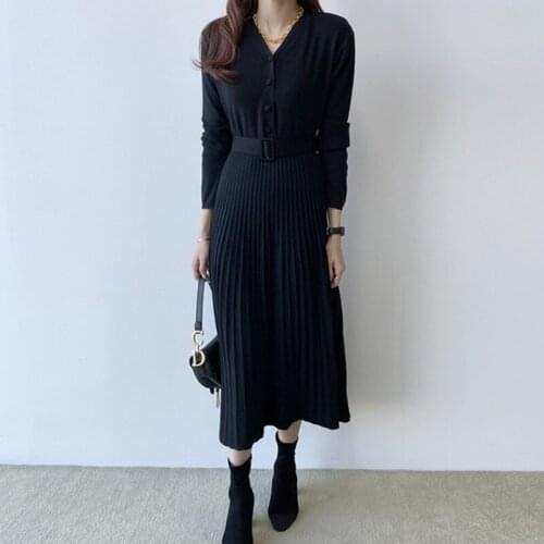 New Fashion Women Knitted Pleated Dress Single Breasted Fall Winter Long Sleeve Thick Sweater Solid Sexy V Neck Sashes Dress