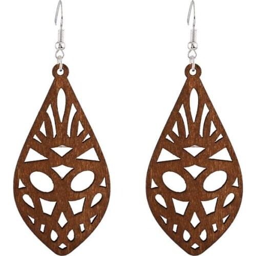 Aztec Cutout Teardrop Wood Earrings for Women Fashion Trim Natural Wooden Jewelry Wholesale