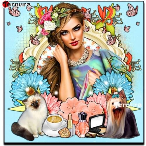 Pretty woman and dog Diy Diamond Painting flower 5D Full Diamond Embroidery rhinestone Drill mosaic Diamond Embroidery Wall Art