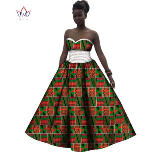 Bintarealwax African Wax Print Dresses for Women Bazin Riche Strapless Dress Dashiki Plus Size African Clothing WY3141