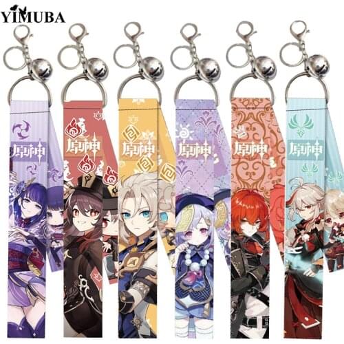 Hot Fashion Anime Game Genshin Impact Ribbon Keychain Cartoon Figure Short Lanyard Strap Keyring Bag Pendant Decoration Trinket