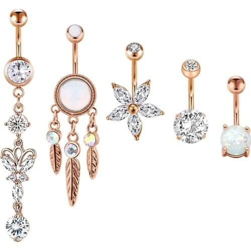 5-7 PCS Belly Button Rings 14G Stainless Steel CZ Dangle Navel Rings Reverse Belly Rings Body Piercing for Girl Women