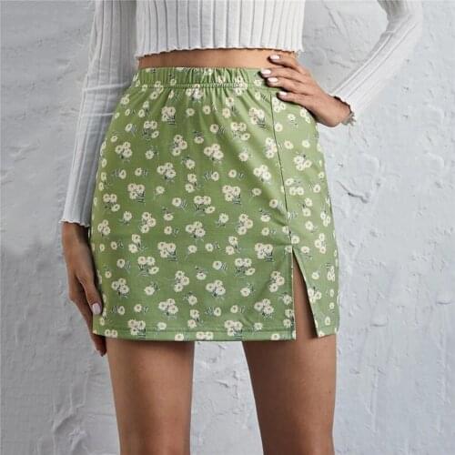 Summer Women High Waist Mini Skirt Casual Full Floral Print Elastic Waistband Miniskirt With Side Slit Female Clothing 2021