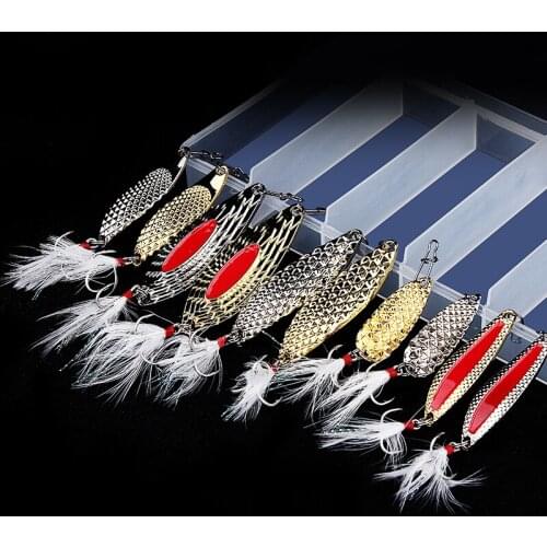 Best Price 10pcs Marine Fishing Bionic Sequin Bait Hard Spoon Bass Bait Metal Bait with Feather Tweeter Hook for Pike Fishing