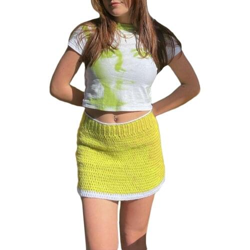 Womens A-Line Mini Skirt, Casual High Waist Color Block Above Knee Crochet Short Skirt
